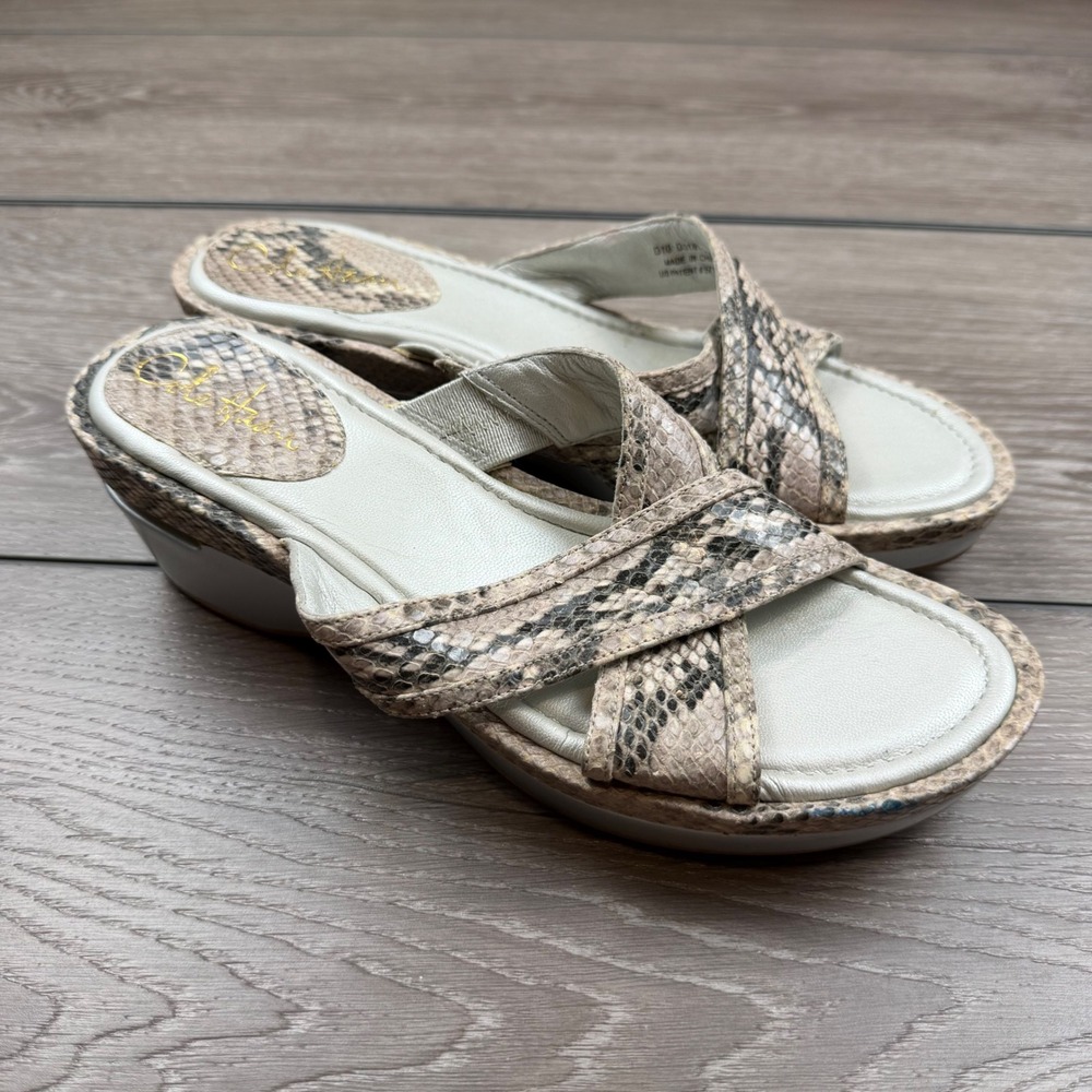 Cole Haan Womens Wedge Sandals Snakeskin Print Crisscross Straps Grey Size 8.5 B